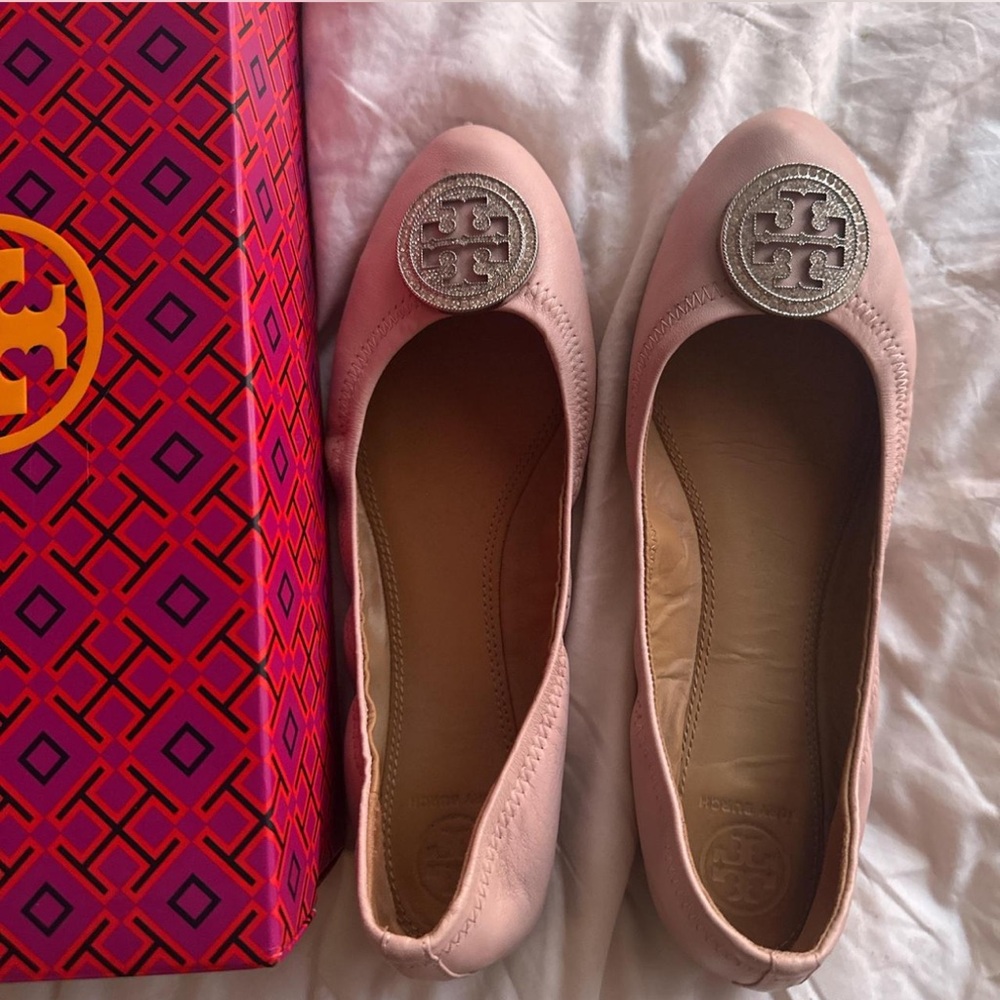 Tory Burch Blush Pink Loafers with Silver Logo